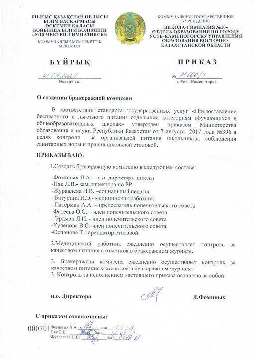 О создании бракеражной комиссии 1 четверть 2021-2022 учебный год